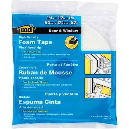 M-D Building Products 1/2in. W x 1/4in. T x 17' L White Foam Weatherstrip Tape 02758
